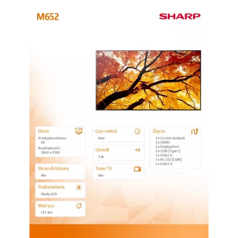 Sharp MultiSync M652 65 colių 4K UHD profesionalus ekranas 550 cd/m² 24/7