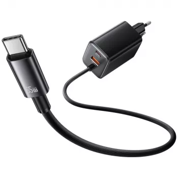 USAMS JC Series CC266 65W GaN greitasis įkroviklis su įmontuotu USB-C laidu, juodas