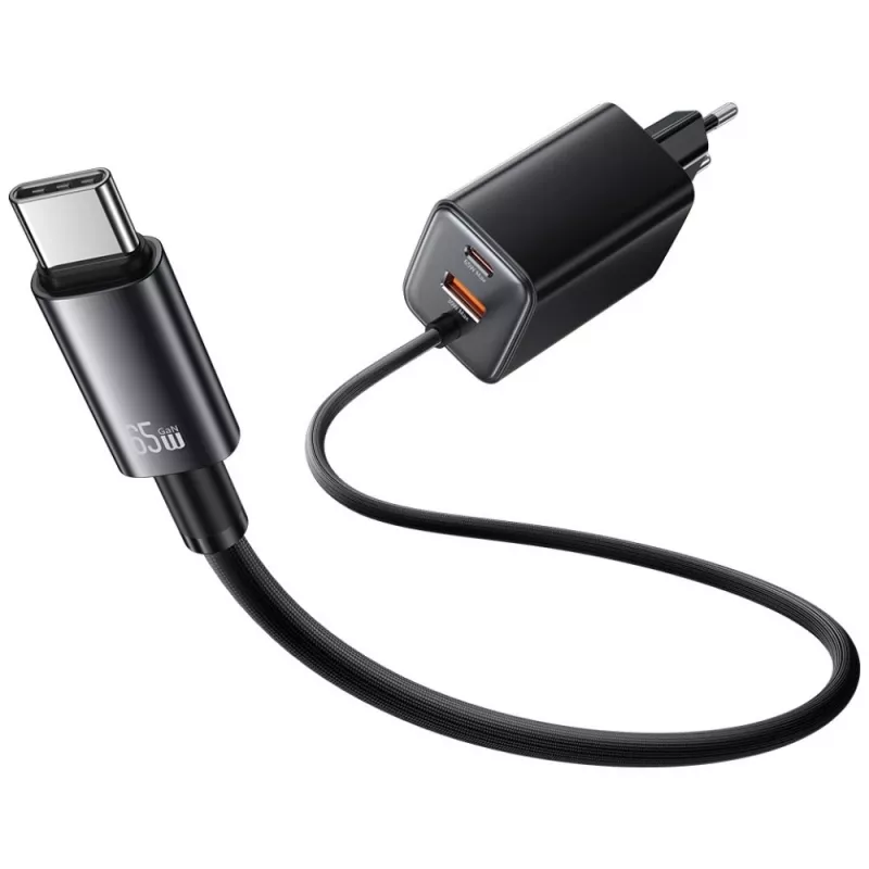 USAMS JC Series CC266 65W GaN greitasis įkroviklis su įmontuotu USB-C laidu, juodas