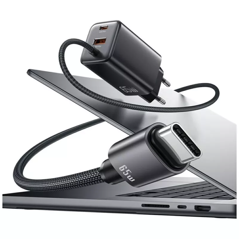 USAMS JC Series CC266 65W GaN greitasis įkroviklis su įmontuotu USB-C laidu, juodas