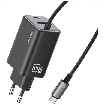 USAMS JC Series CC266 65W GaN greitasis įkroviklis su įmontuotu USB-C laidu, juodas