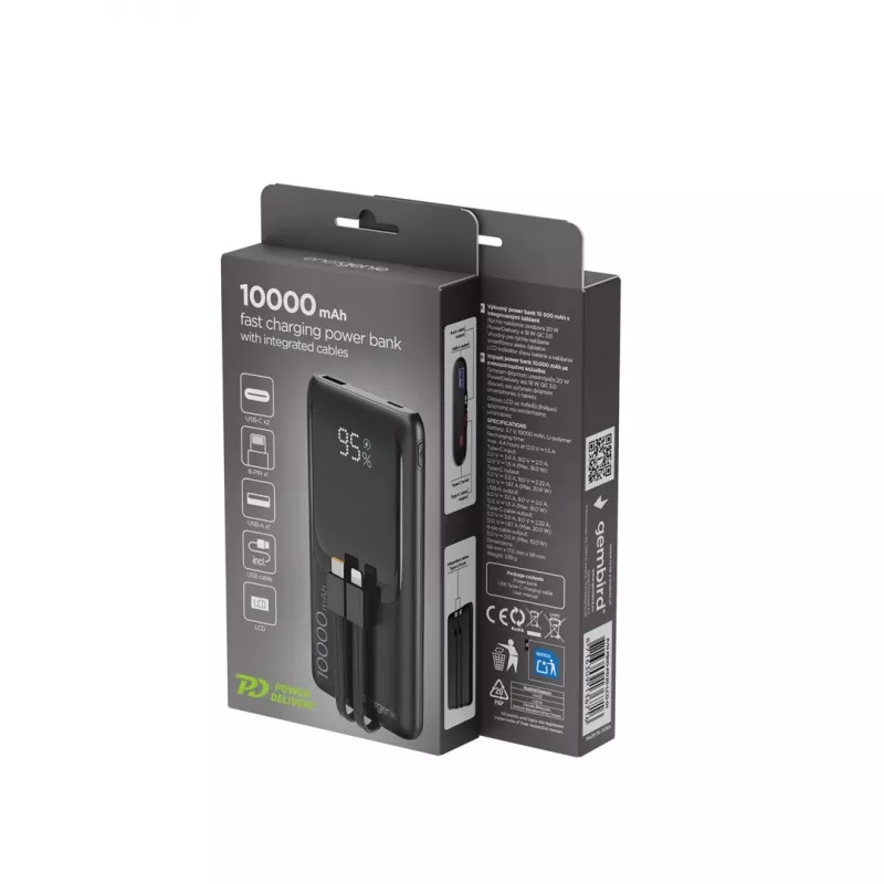 Gembird PB10-PD20-LCD-01 Greitasis Įkrovimo Power Bank su Integruotais Laidais, 20W, 10000 mAh, Juodas