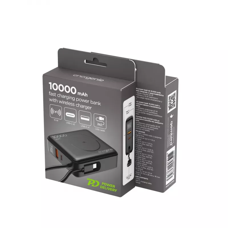 Gembird PB10-WPC15-LCD-01 greitojo įkrovimo powerbank su belaidžiu įkrovikliu, 20W, 10000 mAh, juoda
