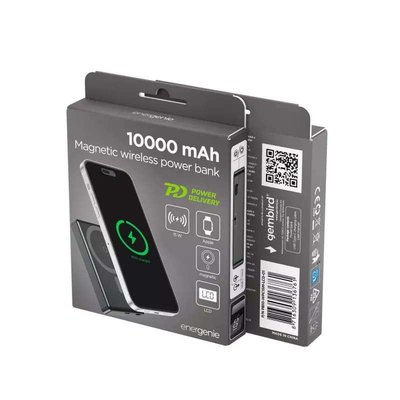 Gembird PB10-WPC15M-LCD-01 Magnetinė belaidė Power Bank su LCD, 15W, 10000 mAh, Juoda