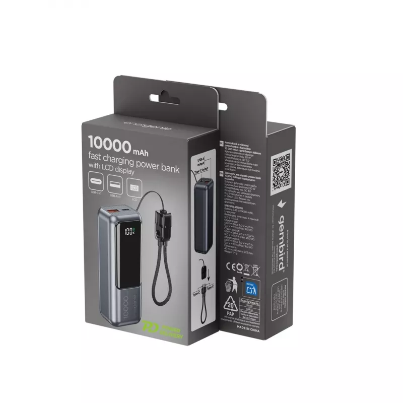Gembird PB10-PD20-LCD-02 Kompaktiškas greito įkrovimo powerbankas su LCD ekranu, 20W, 10000 mAh, Space Grey