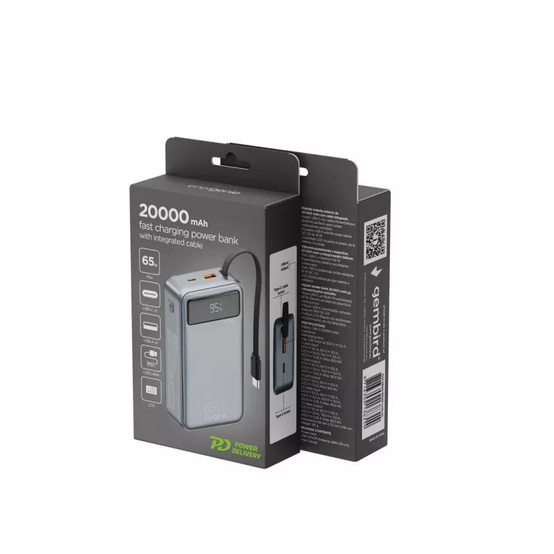 Gembird PB20-PD65-LCD-01 Greitasis Įkrovimo Power Bank su Integruotais Laidais, 65W, 20000 mAh, Juodas
