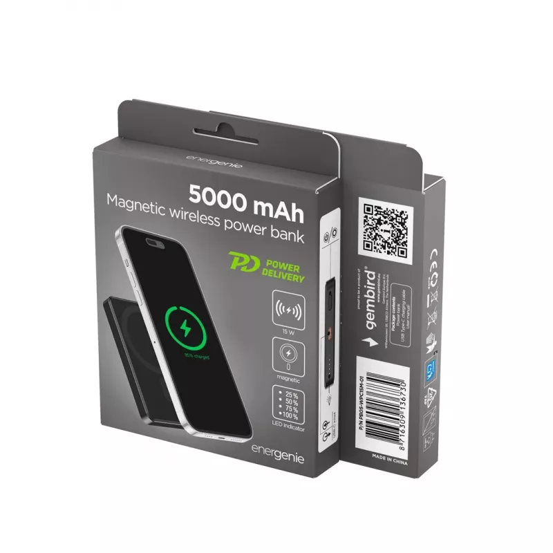Gembird PB05-WPC15M-01 belaidis magnetinis power bankas 15W, 5000mAh, juodas