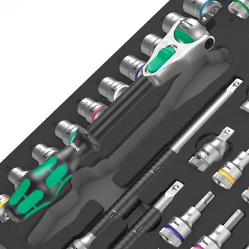 Wera 9722 C Zyklop 1/2 colio reples ir lizdų rinkinys, 31 dalis, putplasčio įdėklas dirbtuvės vežimėliui, juoda/pilka