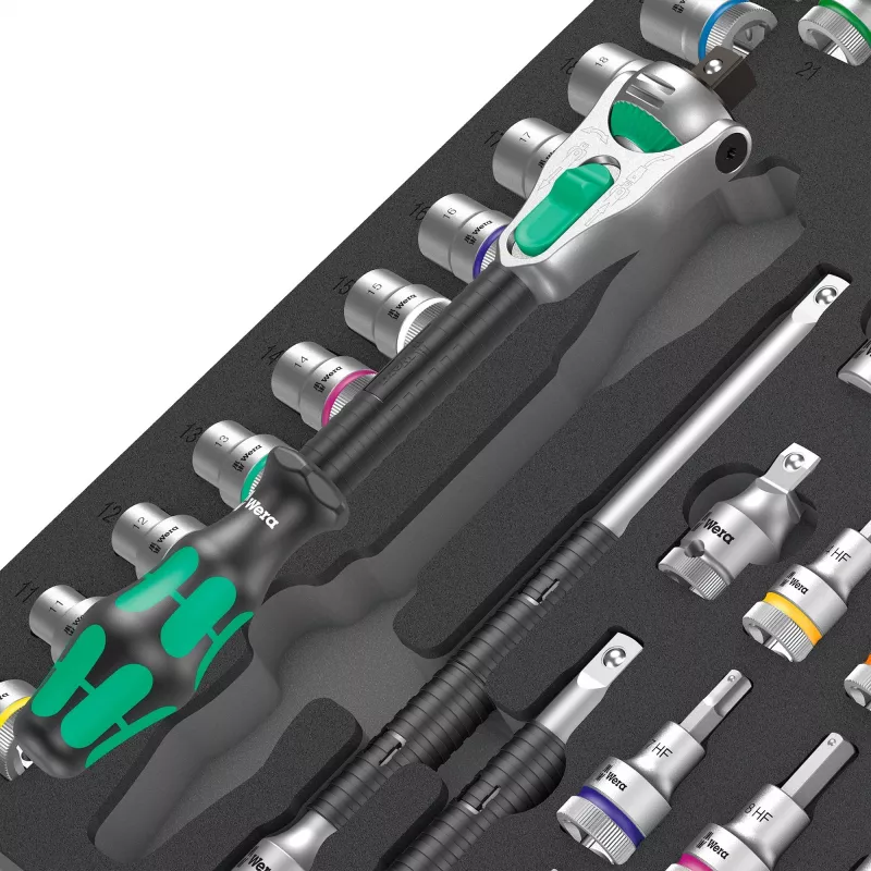 Wera 9722 C Zyklop 1/2 colio reples ir lizdų rinkinys, 31 dalis, putplasčio įdėklas dirbtuvės vežimėliui, juoda/pilka