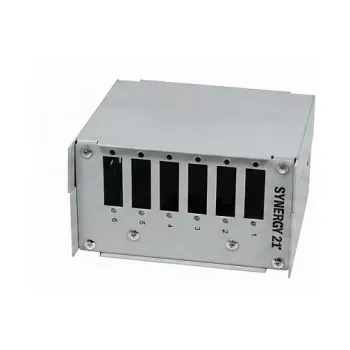 Synergy21 Skirstomasis Pluošto Optikos Skydelis DIN Bėgiui, 6x SC-Duplex/LC-Quad Prievadai, Tuščias, Šviesiai Pilkas (RAL 7035)