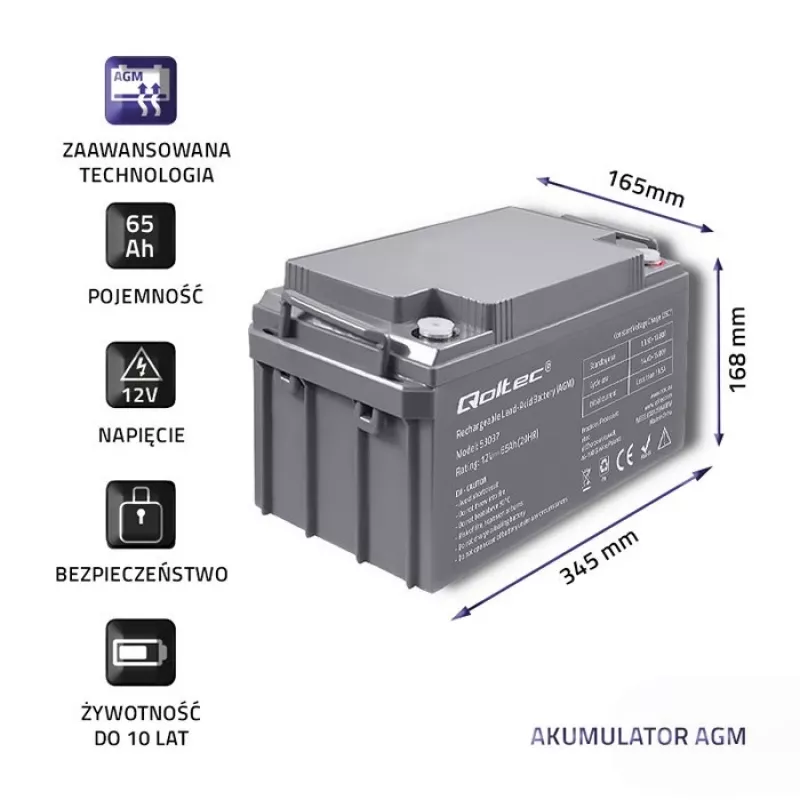 Qoltec 53037 AGM akumuliatorius 12V 65Ah max 780A