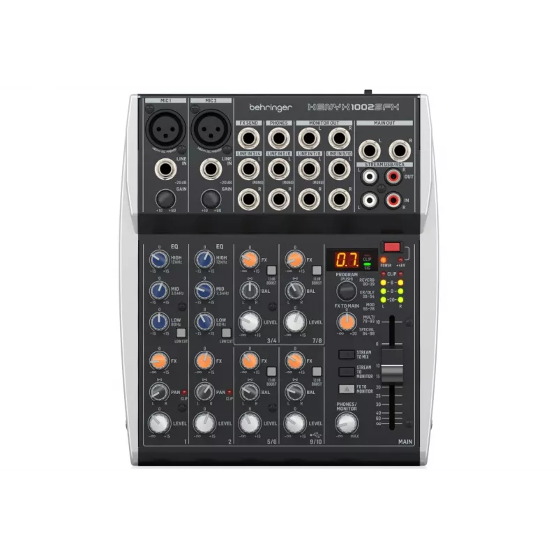 Behringer XENYX 1002SFX garso maišytuvas su 10 įėjimų, 2 XENYX mikrofono stiprintuvais, 3 juostų ekvalaizeriu, KLARK TEKNIX FX procesoriumi, 100 išankstinių nustatymų