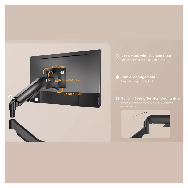 Equip Dvigubo Monitoriavo Stalo Laikiklis 17-32 inch Ekranams, 360° Sukimasis, Dujinė Spyruoklė, 9 kg Talpa, Juodas