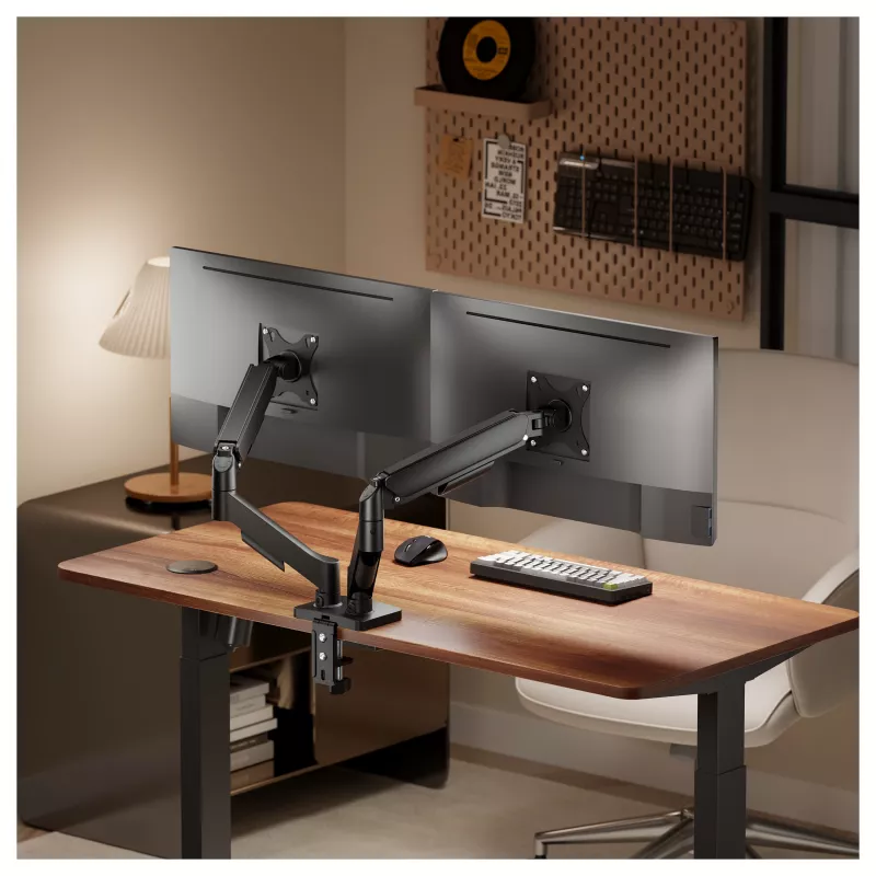 Equip Dvigubo Monitoriavo Stalo Laikiklis 17-32 inch Ekranams, 360° Sukimasis, Dujinė Spyruoklė, 9 kg Talpa, Juodas