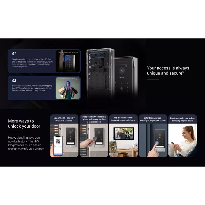 EZVIZ HP7 Pro 4K IP vaizdo domofono komplektas su 7 colių jutikliniu monitoriumi, Wi-Fi 6, delno skaitytuvu, veido atpažinimu, RFID, IP65 lauko stotele