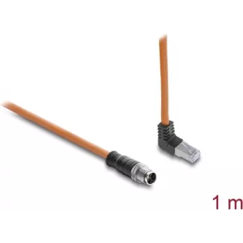 Delock M12 į RJ45 laidas X-coded 8-pin Male Straight to Male Upward Angled S/FTP Shielded Cat.6A 1 m Oranžinis