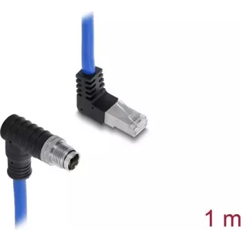Delock M12 X-coded 8-pin Male Down-angled to RJ45 Male Up-angled S/FTP Cat.6A Industrial Ethernet Cable 1 m Blue