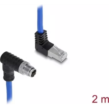 Delock M12 laidas X-coded 8 kontaktų vyriškas žemyn lenktas į RJ45 vyrišką aukštyn lenktą S/FTP ekranuotas 2 m mėlynas (81012)