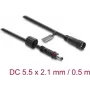 Delock DC ilginimo laidas 5,5 x 2,1 mm kištukas į lizdą su M12 x 1,75 mm sraigtiniu fiksatoriumi, vandeniui atsparus, 18 AWG, 0,5 m, juodas
