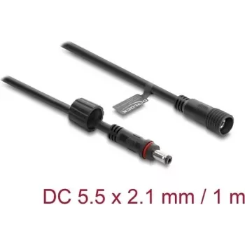 Delock DC ilginimo laidas 5.5 x 2,1 mm kištukas į lizdą su srieginiu fiksatoriumi M12 x 1,75 mm, vandeniui atsparus, 18 AWG, 1 m, juodas