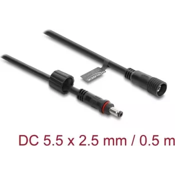 Delock DC ilginimo laidas 5.5 x 2,5 mm kištukas į lizdą su sraigtiniu fiksatoriumi M12 x 1,75 mm, vandeniui atsparus, 18 AWG, 0,5 m, juodas (67385)
