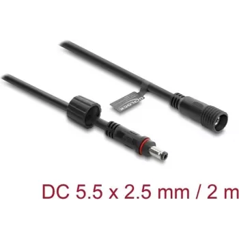 Delock DC prailginimo kabelis 5.5 x 2,5 mm kištukas į lizdą su srieginiu fiksatoriumi M12 x 1,75 mm, vandeniui atsparus, 18 AWG, 2 m, juodas
