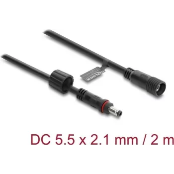 Delock DC ilginimo laidas 5.5 x 2,1 mm kištukas į lizdą su sraigtiniu fiksatoriumi M12 x 1,75 mm sriegis, vandeniui atsparus 18 AWG, 2 m juodas (67384)