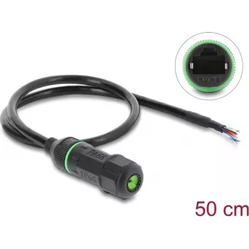 Delock RJ45 Female to Open Cable Ends Cat.6 Panel Mount Cable with M16.8 x 1,5 mm Thread and Housing 50 cm Black (87181)