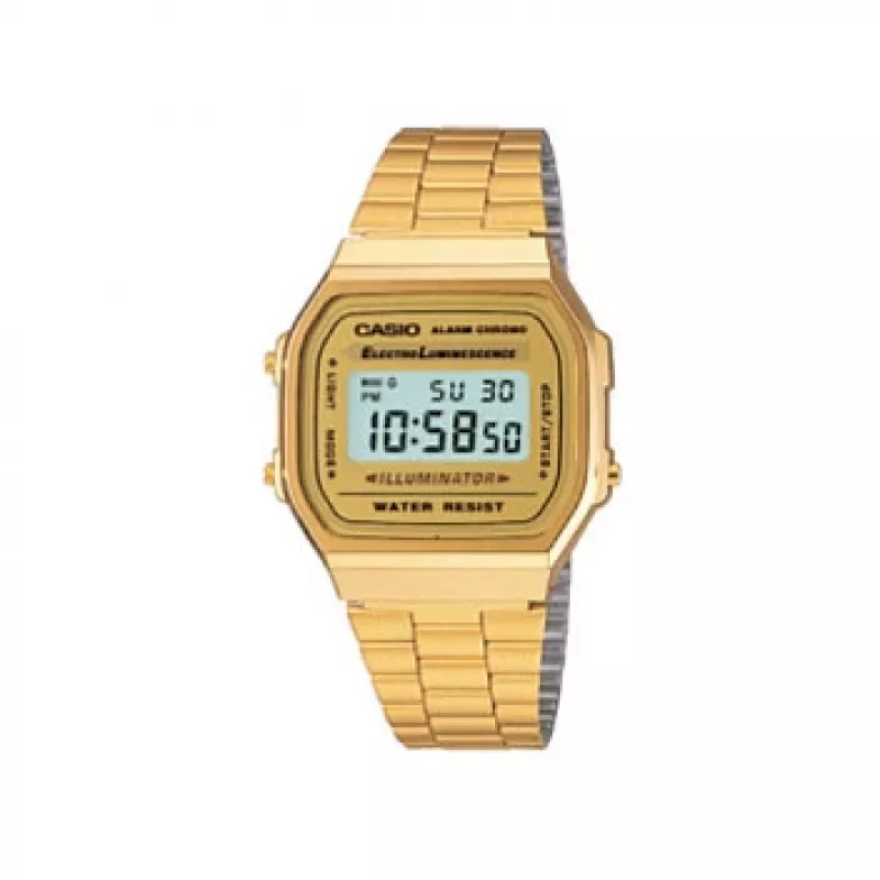 Casio A168WG-9WDF Vintažinis universalus skaitmeninis laikrodis su nerūdijančio plieno apyranke, auksinis