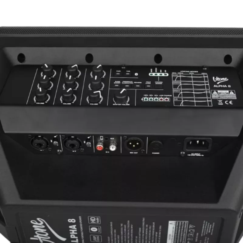 V-TONE ALPHA 8 Aktyvi Baterijinė Koloninė PA Sistema su Įmontuotu Mikšeriu, 300W RMS, 8 inch Žemų Dažnių Garsiakalbis, Bluetooth, USB/SD, Reverbas