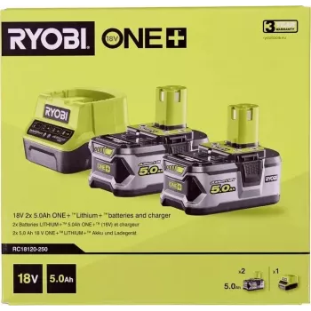 RYOBI RC18120-250 2x 18V 5.0Ah Lithium+ Battery Kit su kompaktiniu įkrovikliu