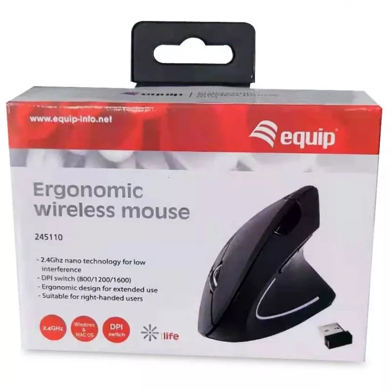 Equip 245110 Vertikali ergonomiška belaidė pelė – dešinei rankai, 2,4 GHz, USB imtuvas, juoda