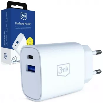 3MK FlowPower 30W USB-A USB-C PD 3.0 QC 4+ Wall Charger White