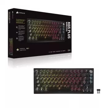 CORSAIR K65 PLUS Wireless 75% mechaninė klaviatūra, Hot-Swappable, MLX Red Tactile jungikliai, per klavišą RGB, QWERTY English, juoda