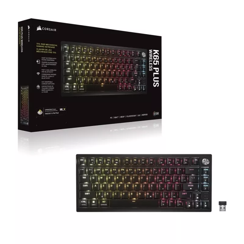 CORSAIR K65 PLUS Wireless 75% mechaninė klaviatūra, Hot-Swappable, MLX Red Tactile jungikliai, per klavišą RGB, QWERTY English, juoda