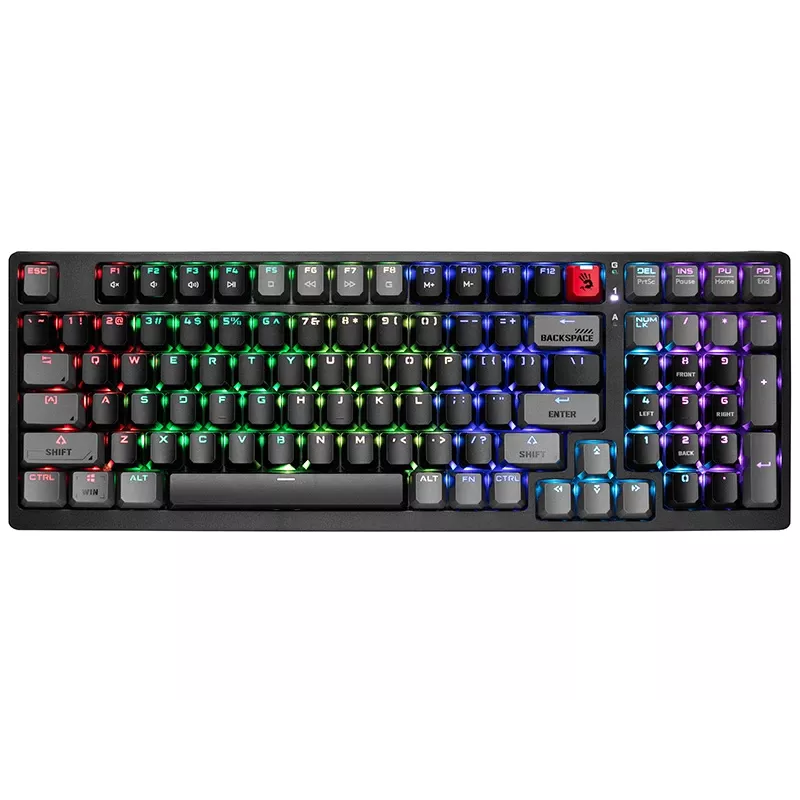 A4Tech Bloody S98 Sports Lime mechaninė klaviatūra su BLMS Red Plus jungikliais, 98 klavišų kompaktiška, RGB foniniu apšvietimu, USB-C atjungiama