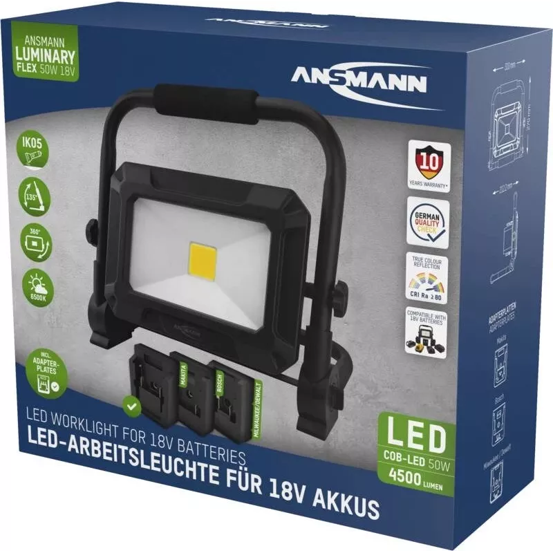 ANSMANN 1600-0713 LED Prožektorius FL50W 18V su adapterių plokštėmis akumuliatoriniams įrankiams