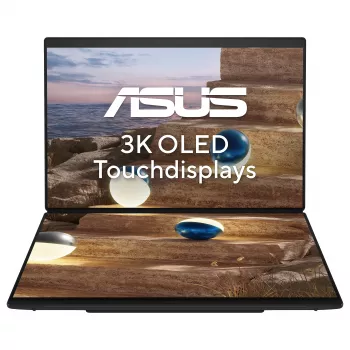 ASUS Zenbook Duo UX8407AA-SN469X Copilot+ PC nešiojamas kompiuteris, 14 colių 3K OLED jutiklinis 144Hz, Intel Core Ultra 9 386H, 32GB LPDDR5x, 1TB SSD, Windows 11 Pro, vokiška QWERTZ klaviatūra