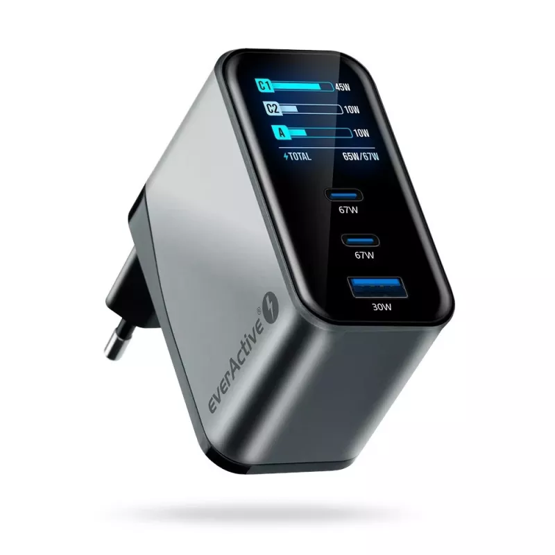 EVERACTIVE SC-670Q GaN 67W USB-C Įkroviklis su 2x USB-C ir 1x USB-A, Quick Charge 4+, PD 3.0, Juodas