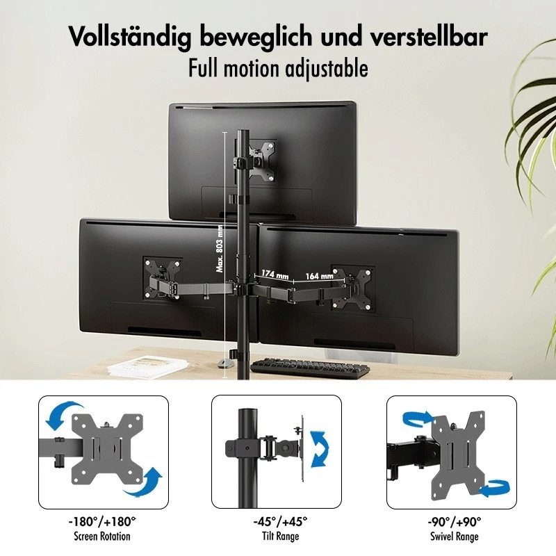 LOGILINK Trijų monitorių laikiklis 17-27 colių ekranams, 10 kg vienai rankai, juodas