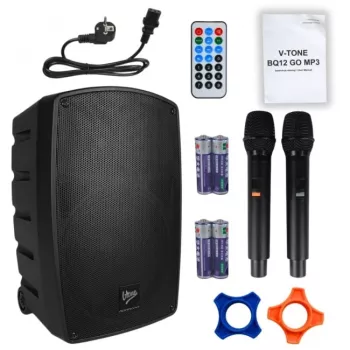 V-TONE BQ12 GO MP3 aktyvus 8 colių baterijomis maitinamas garsiakalbis su belaidžiu mikrofonu ir nuotolinio valdymo pulteliu, juodas