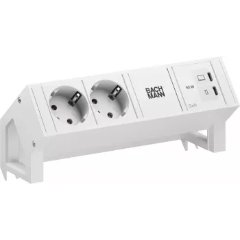 Bachmann DESK2 Pure White stalinis maitinimo modulis su 2x Schuko lizdais ir 65W USB-C PD, 0,2 m laidu, RAL 9010
