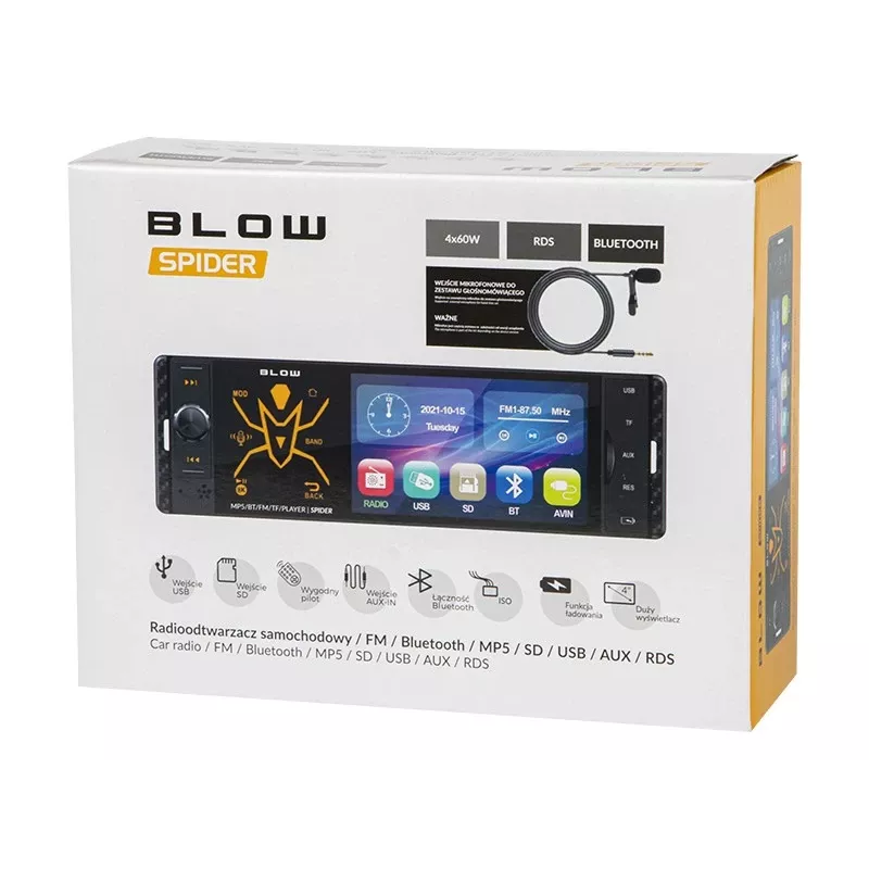 BLOW Spider 4CAL RDS RGB automagnetola su Bluetooth, USB, SD, AUX, jutikliniu ekranu, RGB foniniu apšvietimu, nuotolinio valdymo pulteliu, 1 DIN, 4x45W