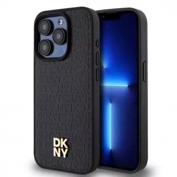 DKNY DKHMP15LPSHRPSK Kietasis dėklas, skirtas iPhone 15 Pro 6,1 inch juodos odos rašto monograma metalinis logotipas MagSafe