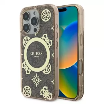 Guess GUHMP16LH4PYEEW Kietasis dėklas, skirtas Apple iPhone 16 Pro 6,3 inch, ruda Peony On 4G Background, MagSafe