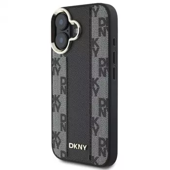 DKNY DKHMP16SPCPVSLK iPhone 16/16.1 kietas dėklas su languotu raštu, MagSafe, juodas