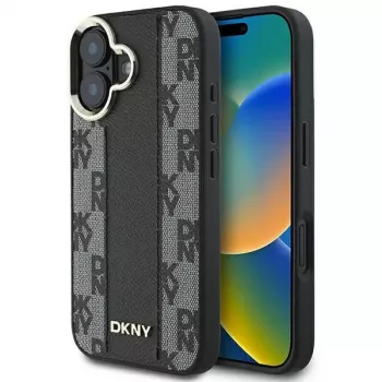 DKNY DKHMP16SPCPVSLK iPhone 16/16.1 kietas dėklas su languotu raštu, MagSafe, juodas