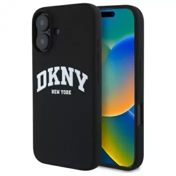 DKNY DKHMP16SSNYACH Kietas Dėklas Apple iPhone 16 6,1 colio Juodas Silikonas su Baltu Spausdintu Logotipu MagSafe