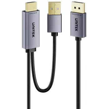 UNITEK HDMI į DisplayPort 4K kabelis su USB-A maitinimu, 1,8 m, juodas