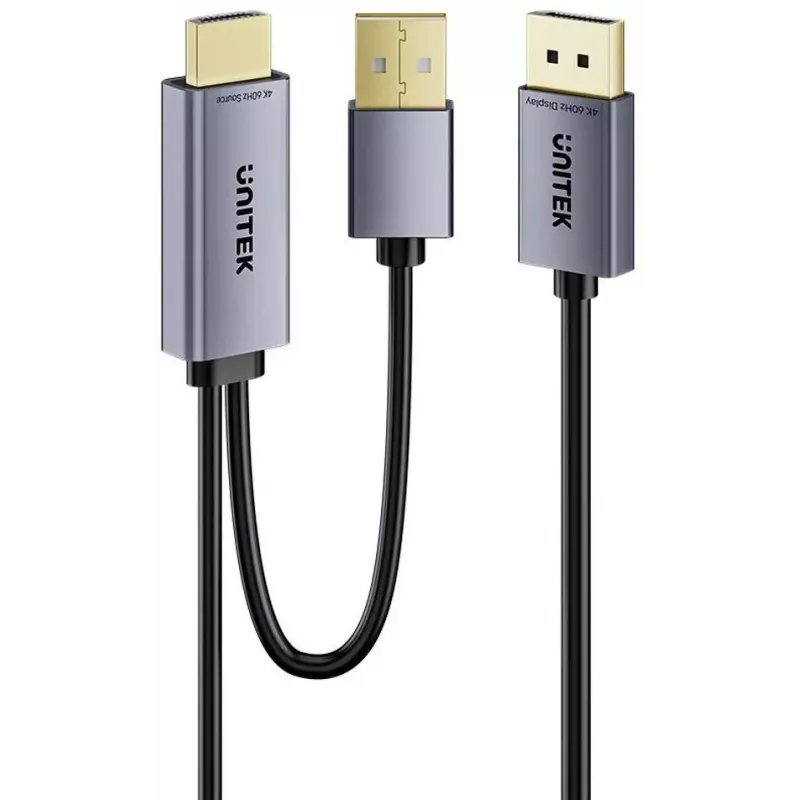 UNITEK HDMI į DisplayPort 4K kabelis su USB-A maitinimu, 1,8 m, juodas
